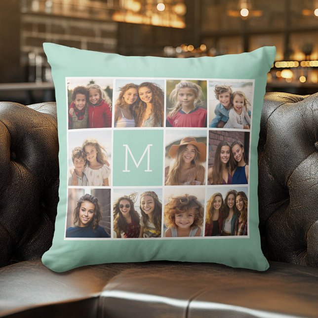 Mint Green Unique Photo Collage Custom Monogram Throw Pillow (Custom Photo Pillow)