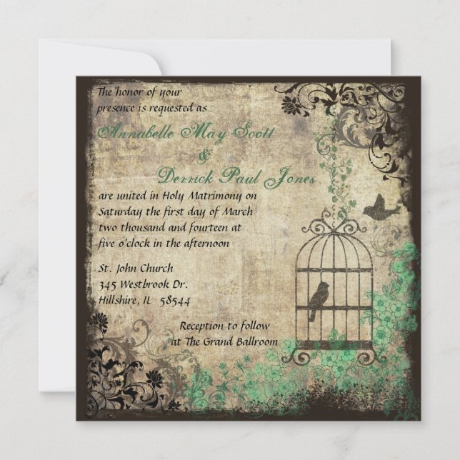 Mint Green Vintage Bird Cage Wedding Invitation (Front)