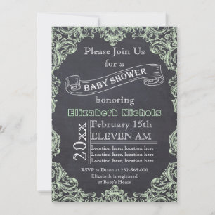 Mint green vintage frame & chalkboard baby shower invitation