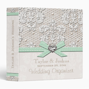 Mint Green Vintage Lace Pearls Wedding Organizer Binder