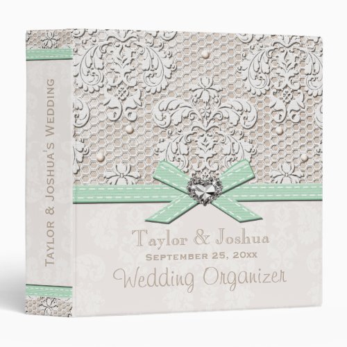 Mint Green Vintage Lace Pearls Wedding Organizer Binder