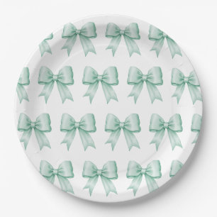 Mint Green Vintage Satin Bow Pattern Paper Plates