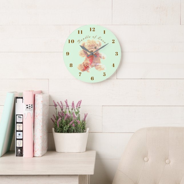 Mint Green Vintage Teddy Bear Nursery Large Clock (Reading Room)