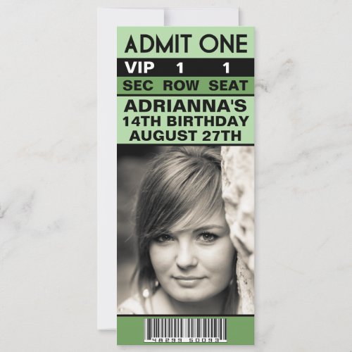 Mint Green VIP Photo Ticket Birthday Party Personalized Invitations