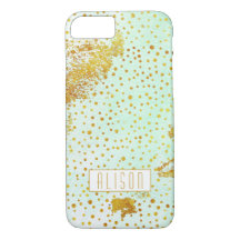 Mint green watercolor and gold foil confetti