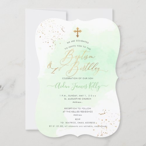 Mint Green Watercolor Baptism1st Birthday Invitation