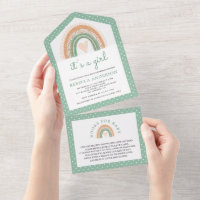 Mint Green Watercolor Boho Rainbow Baby Shower All In One Invitation