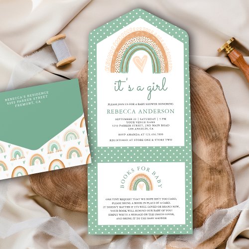Mint Green Watercolor Boho Rainbow Baby Shower All In One Invitation