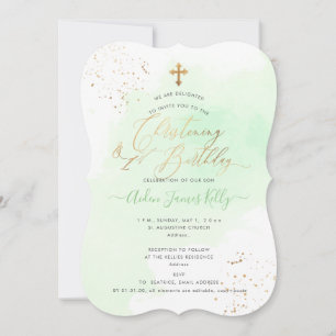 Mint Green Watercolor Christening+1st Birthday Invitation