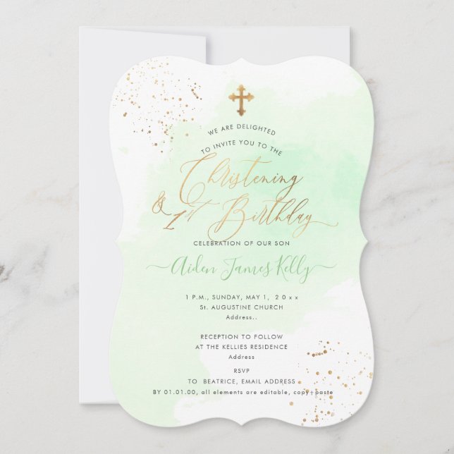 Mint Green Watercolor Christening+1st Birthday Invitation (Front)