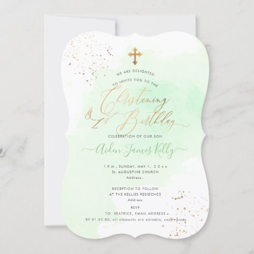 Mint Green Watercolor Christening1st Birthday Invitation