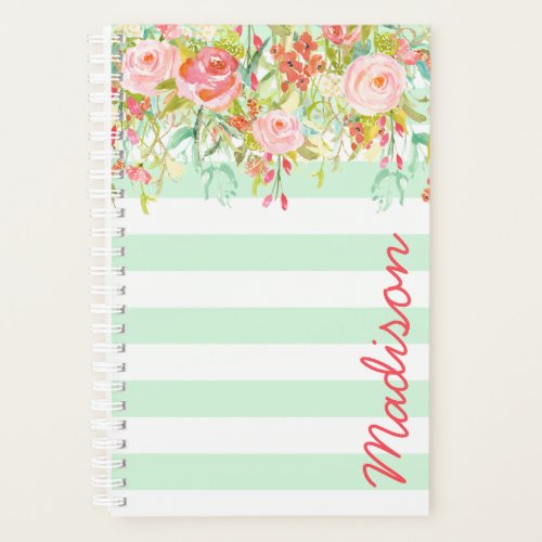 Custom Planners 10 Mint Green Watercolor Floral Stripe Personalized Planner