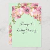 Mint Green Watercolor Flowers Baby Shower Invitation (Front/Back)