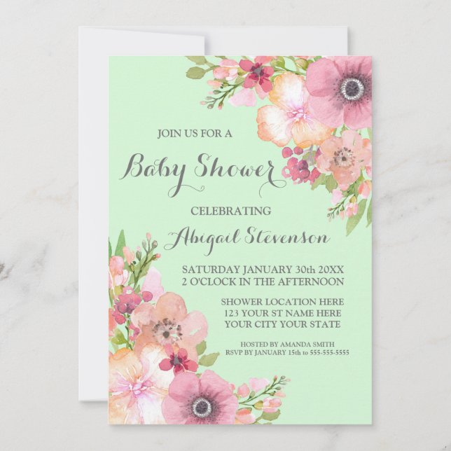 Mint Green Watercolor Flowers Baby Shower Invitation (Back)