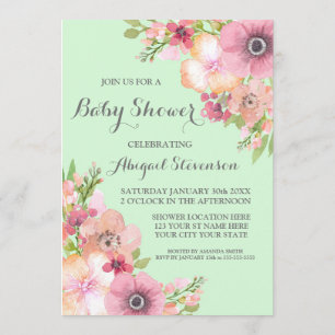 Mint Green Watercolor Flowers Baby Shower Invitation