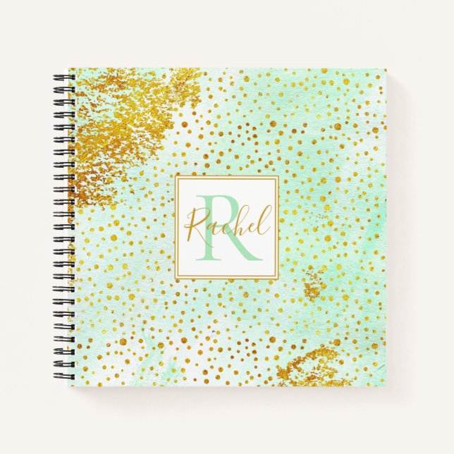 Mint green watercolor, gold confetti monogram notebook (Front)