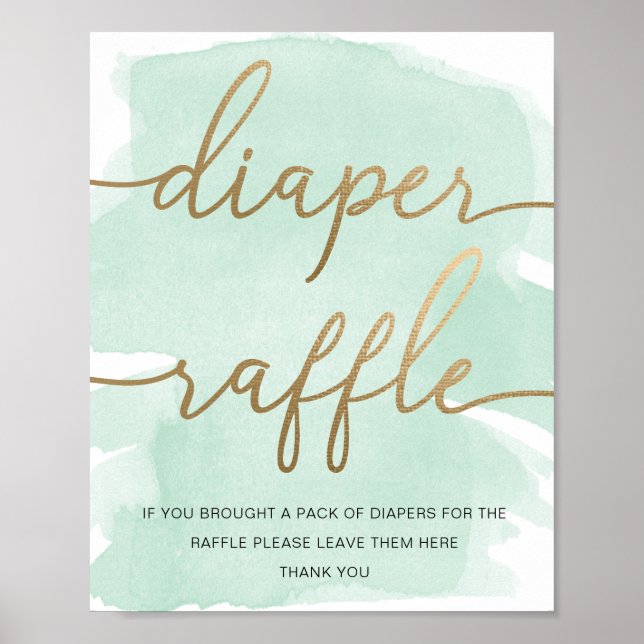 Mint Green Watercolor Gold Diaper Raffle Poster (Front)