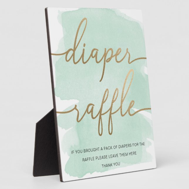 Mint Green Watercolor Gold Diaper Raffle Sign Plaque (Side)