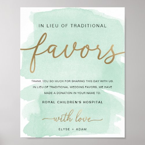 Mint Green Watercolor Gold In Lieu Of Favors Sign