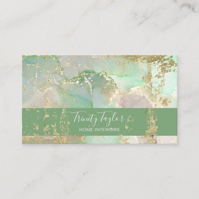 Mint Green Watercolor Marble Ink & Gold Foil  Business Card (Front)