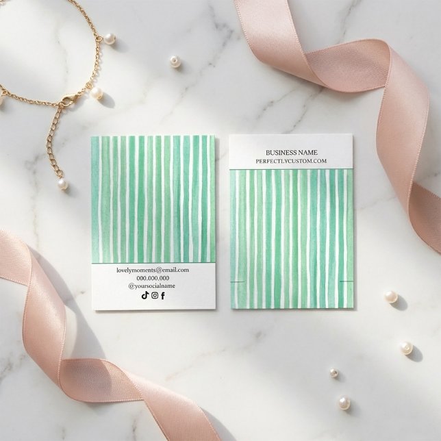 Mint Green Watercolor Stripes Bracelet Display  Business Card (#JewelryDisplayCard
#BraceletCard
#NecklaceCard
#FavorTagDesign
#WatercolorStripes
#MintGreenDesign
)