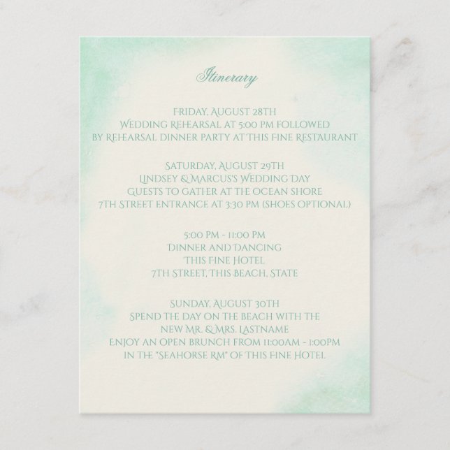 Mint Green Watercolor Wedding Intinerary Enclosure Card (Front)