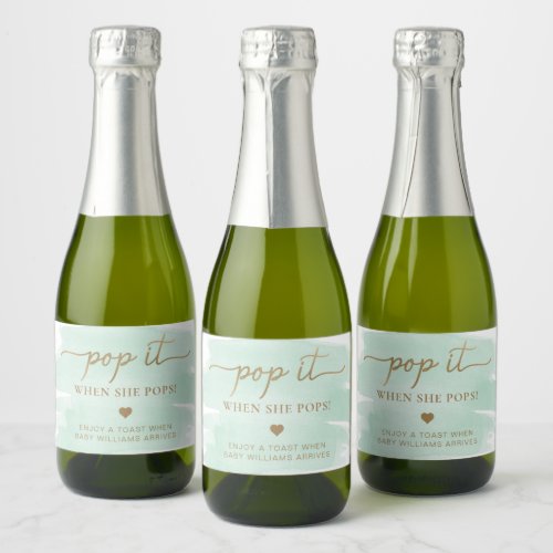 Mint Green Watercolour Baby Shower Sparkling Wine  Sparkling Wine Label