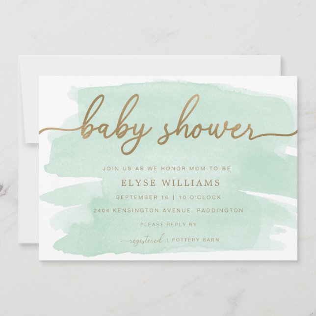 Mint Green Watercolour Gold Baby Shower Invitation (Front)