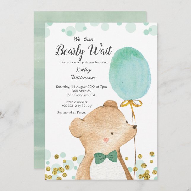 MInt Green We can bearly wait baby shower Invitation (Front/Back)