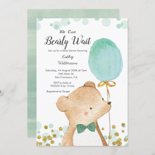 MInt Green We can bearly wait baby shower Invitation