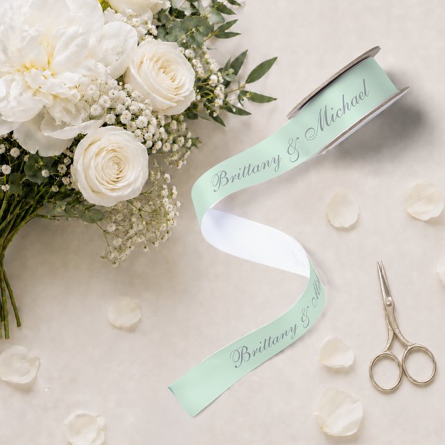 Mint Green Wedding Elegant Calligraphy Script Satin Ribbon (Creator Uploaded)