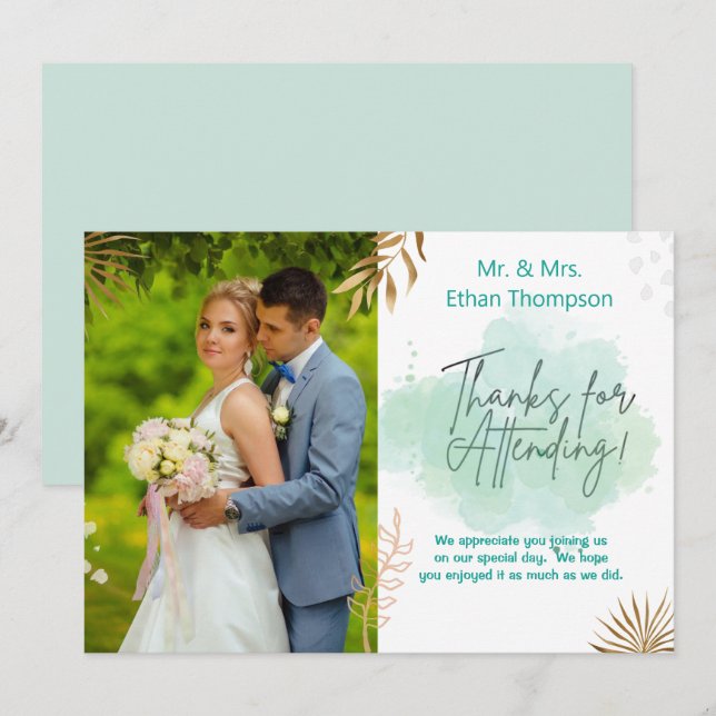 Mint Green Wedding Photo Flat Thank You Card (Front/Back)