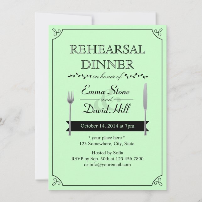 Mint Green Wedding Rehearsal Dinner Invitations (Front)