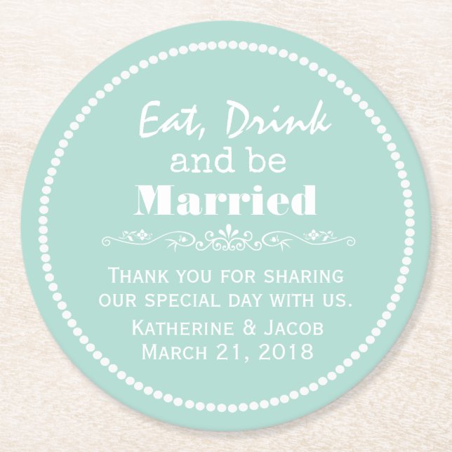 Mint Green Wedding Thank You Favor Paper Coaster (Front)