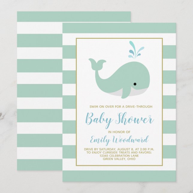 Mint Green Whale Drive-By Baby Shower Invitation (Front/Back)
