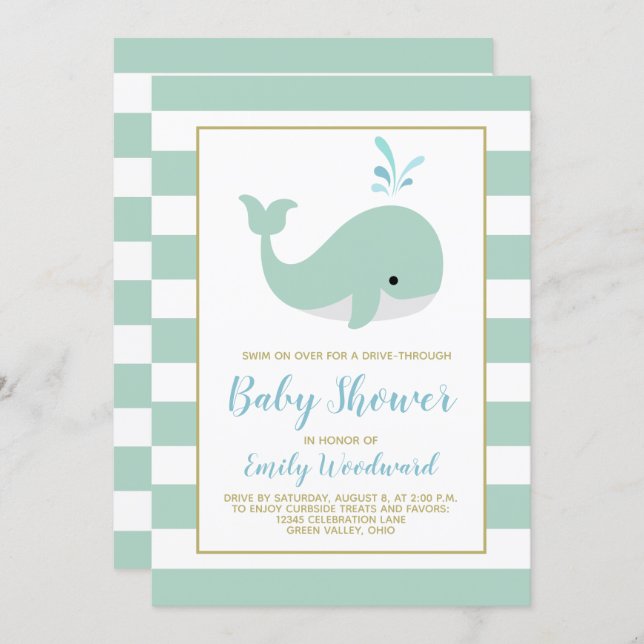 Mint Green Whale Drive-By Baby Shower Invitation (Front/Back)