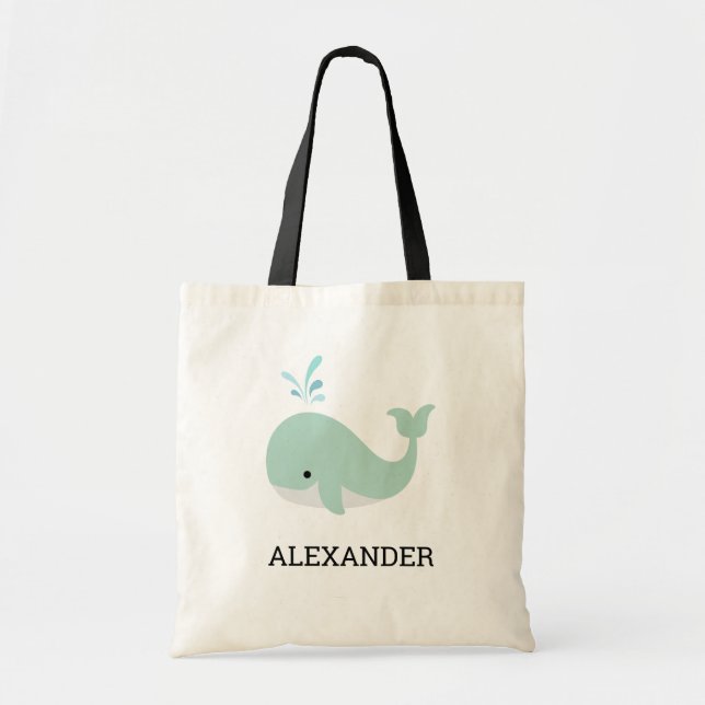Mint Green Whale Kids' Cute Personalized Tote Bag (Front)