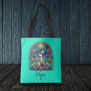Mint Green Whimsical Stained Glass Easter Bunny Tote Bag