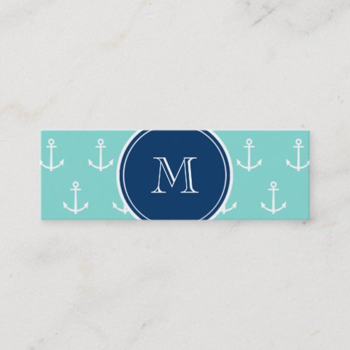 Mint Green White Anchors, Navy Blue Monogram Business Card Templates