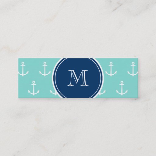 Customizable Mint Green White Anchors, Navy Blue Monogram Business Card Templates