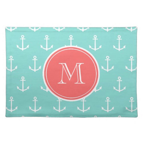 Mint Green White Anchors Pattern Coral Monogram Cloth Placemat