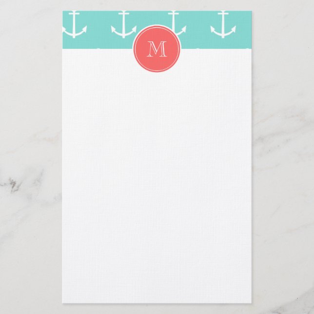 Mint Green White Anchors Pattern, Coral Monogram Stationery (Front)