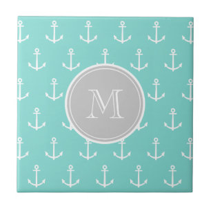Mint Green White Anchors Pattern, Gray Monogram Tile