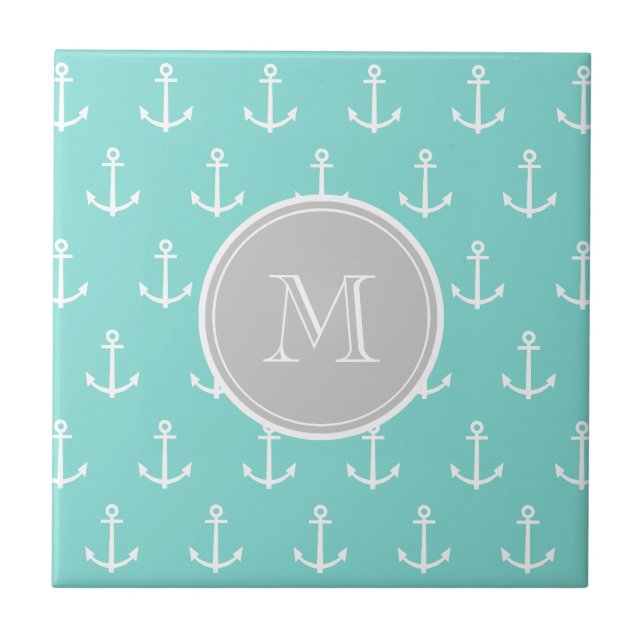 Mint Green White Anchors Pattern, Gray Monogram Tile (Front)