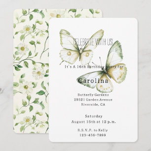 Mint Green White Butterflies Birthday Invitation