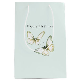 Mint Green White Butterflies Birthday Medium Gift Bag