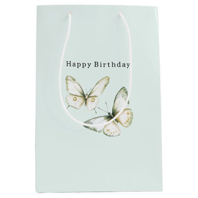 Mint Green White Butterflies Birthday Medium Gift Bag (Front)
