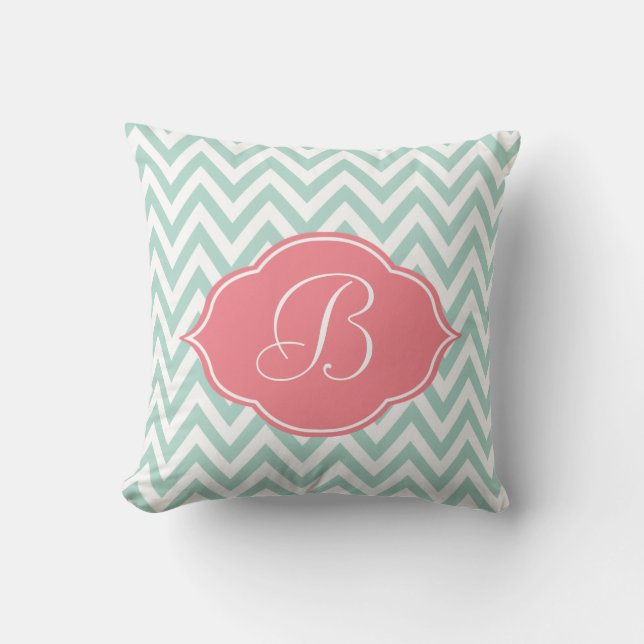 Mint Green White Chevron Light Pink Monogram Throw Pillow (Front)