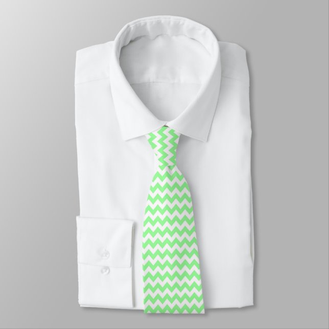 Mint Green White Chevron Zig-Zag Pattern Neck Tie (Tied)