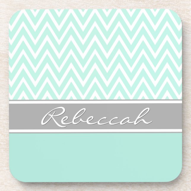Mint Green White Chevron Zigzag Pattern Gray Name Drink Coaster (Front)